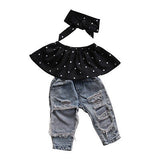 Infant Baby Girls Clothes Sets Dot Sleeveless Tops Vest Hole Denim Pants Headband 3pcs Clothing S